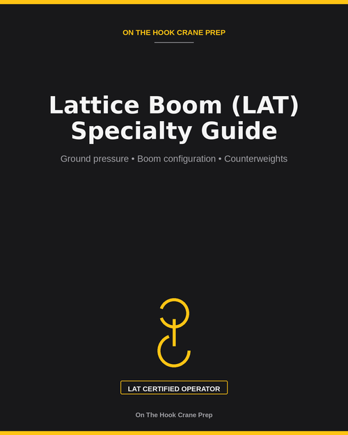 Cover of the Lattice Boom LAT Specialty Guide PDF by On The Hook Crane Prep, covering ground pressure, boom configuration and counterweights